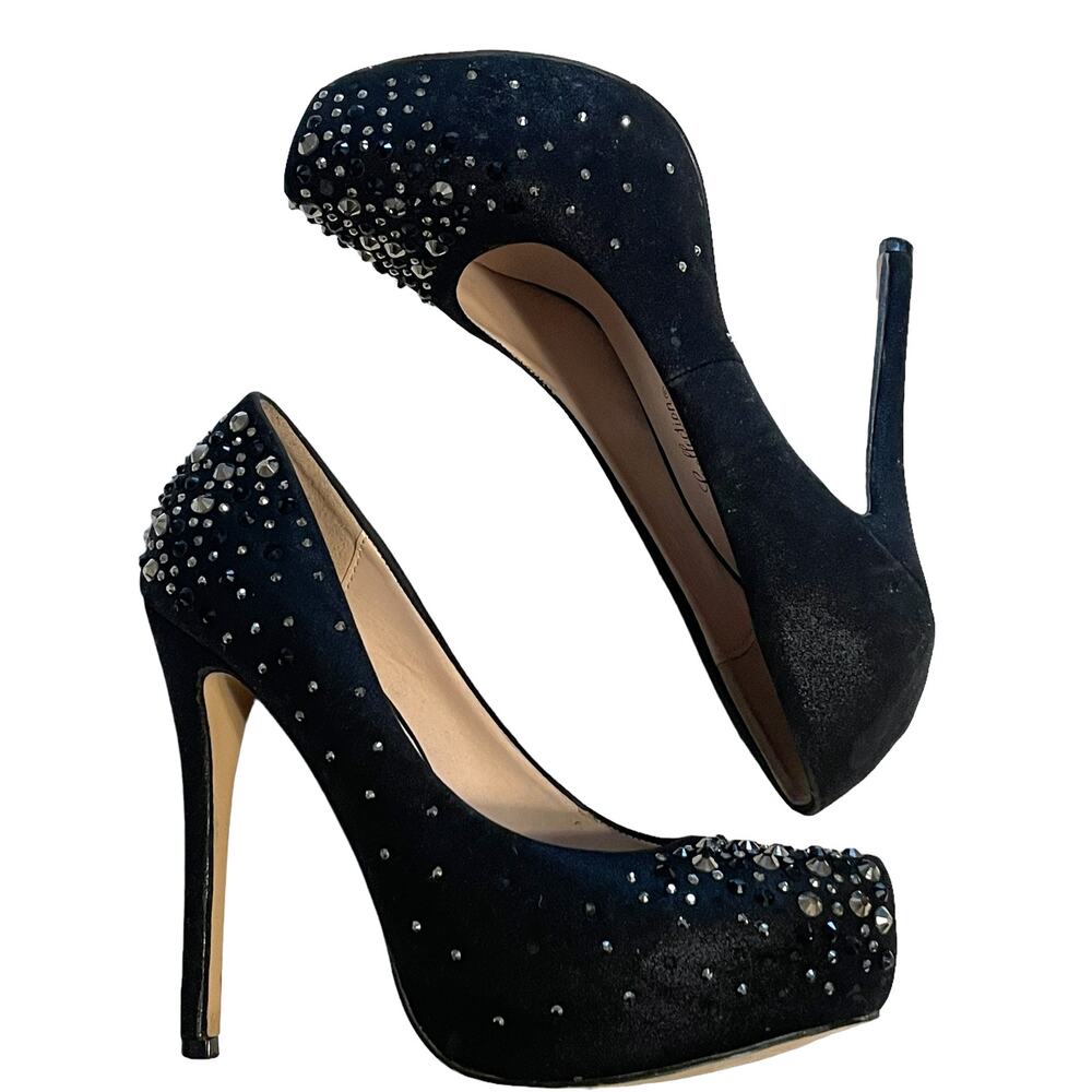 De Blossom Collection Vinci Black Satin Heels Womens 7.5 Rhinestones Platform